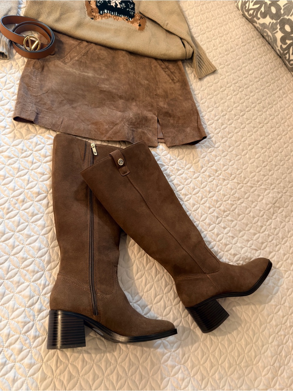 Tommy Hilfiger Brown Suede Knee-High Block Heel Boots